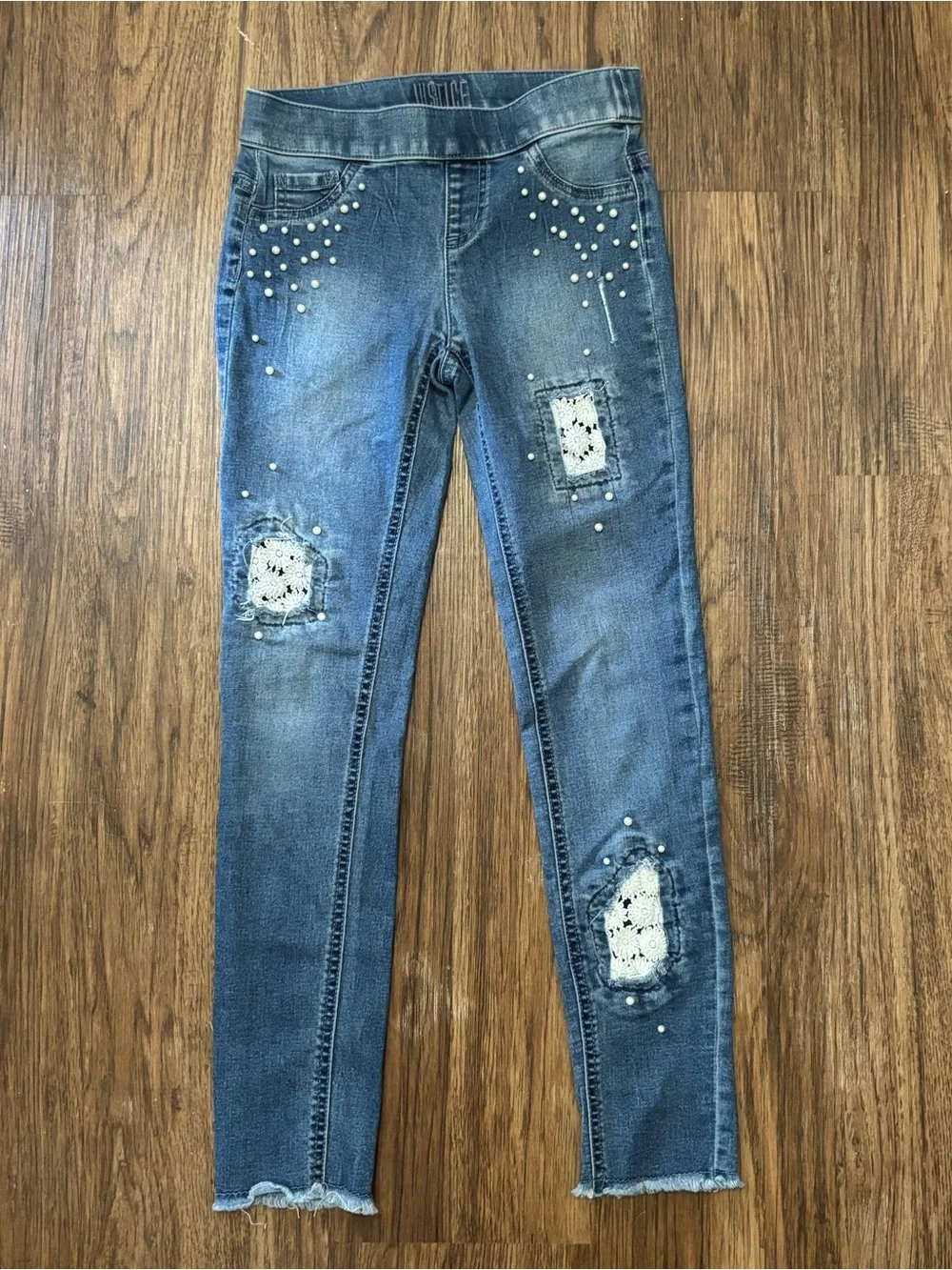Justice Girls Size 10 Distressed Skinny Jeans Pearl Crochet Mid Rise